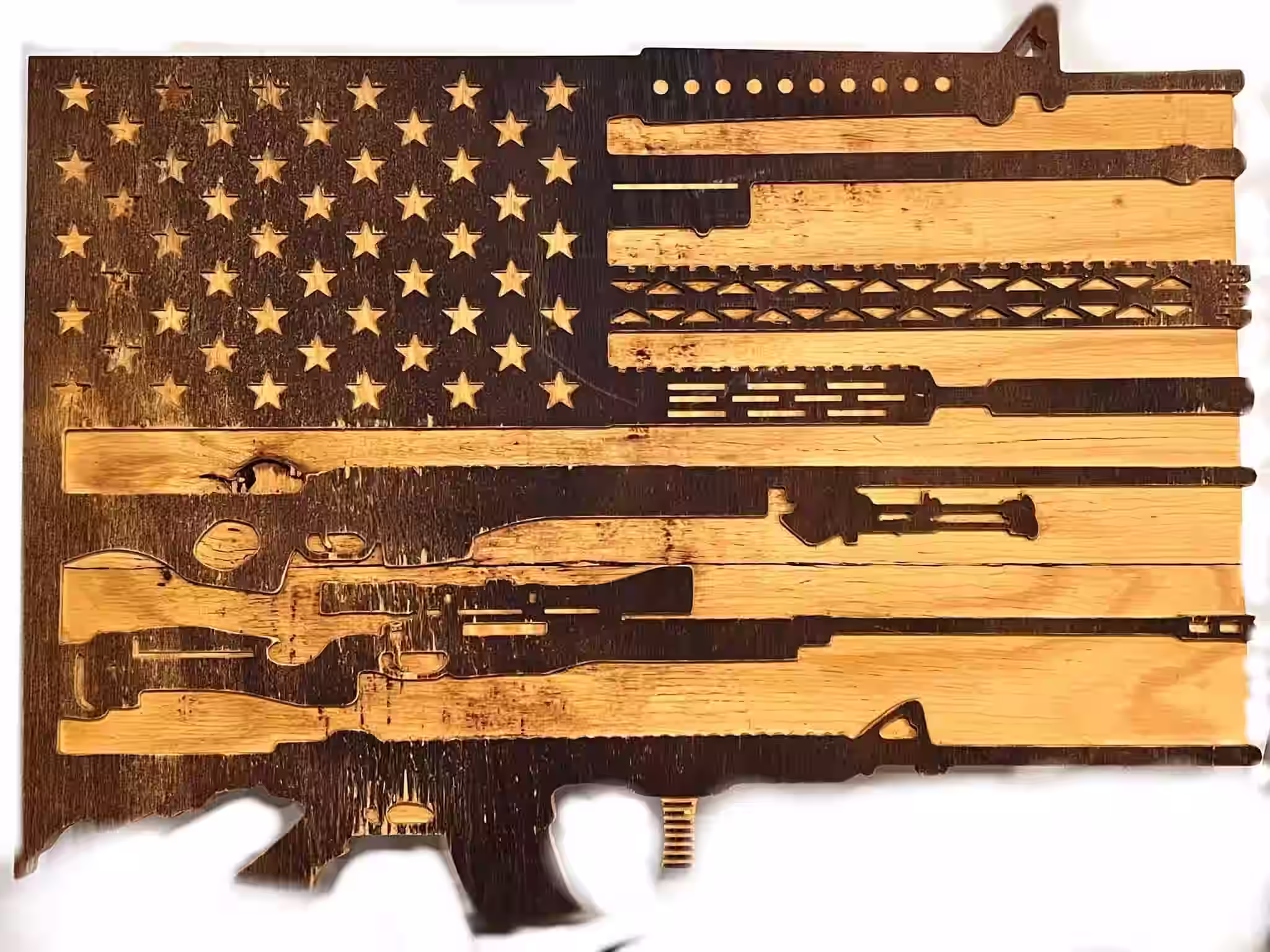 Handmade wooden American flag art with gun silhouettes